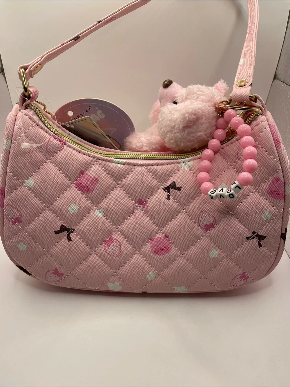 NWT Under One Sky Pink Quilted Strawberry Bag Bear Charm